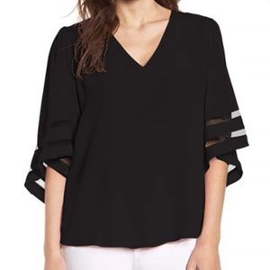 NWT Chelsea28 Black V-Neck Flowy Mesh Sleeve Top